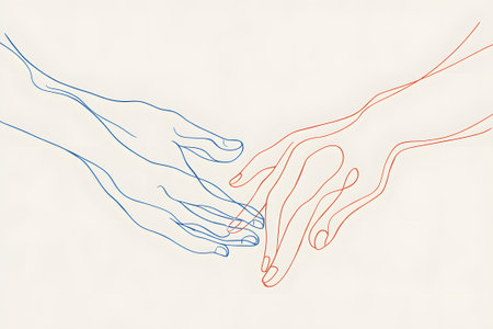 Two hands, one blue and one red, reach toward each other in a simple line drawing. This artwork symbolizes connection and togetherness, inviting feelings of warmth and empathy.の素材