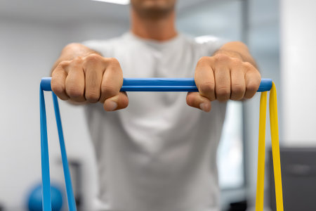 A man grips resistance bands tightly in a well-lit gym. He focuses on his workout, surrounded by exercise equipment. This setting emphasizes dedication to fitness.の素材