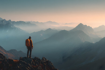 A lone hiker stands on a rocky peak, overlooking rolling hills shrouded in the morning mist. The sun rises, casting a warm glow over the tranquil scene, inviting adventure.の素材