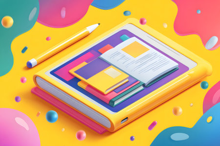A digital tablet displays notes and designs, resting on a stack of books. Bright pens and colorful shapes enhance the lively scene, perfect for study and creativity.の素材