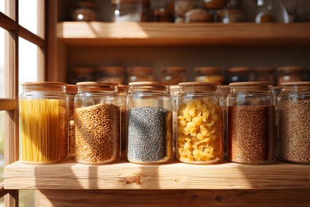 Clear glass jars hold different kinds of pasta and grains on a wooden shelf. Natural light shines through the window, creating a warm atmosphere in the kitchen.の素材