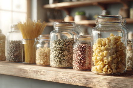 Clear glass jars hold different kinds of pasta and grains on a wooden shelf. Natural light shines through the window, creating a warm atmosphere in the kitchen.の素材