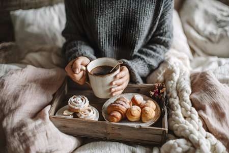 A person enjoys a cozy morning in bed, holding a warm cup of coffee. A tray holds delicious pastries, creating a relaxing atmosphere. Soft blankets and pillows surround the scene.の素材