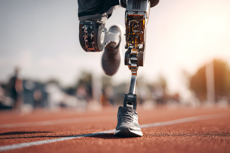 A dedicated athlete trains on a track wearing a prosthetic leg. The sun shines brightly in the background as others engage in various activities nearby.の素材