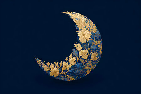 A crescent moon design features intricate golden floral patterns on a deep blue background. The artwork captures elegance and tranquility, creating a calming atmosphere.の素材
