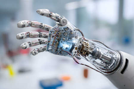 A robotic arm with detailed mechanical components reaches out, reflecting advanced technology in a bright laboratory. This scene captures innovation in robotics and engineering.の素材
