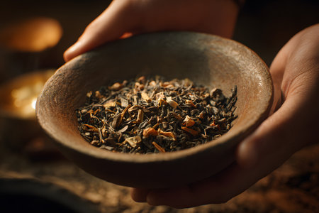 In a warm light, two hands blend a variety of dried herbs in a rustic bowl. This traditional activity highlights the art of herbal preparation, showcasing skill and care.の素材