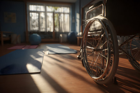 A wheelchair sits in a well-lit therapy room. Sunlight streams through the windows, illuminating yoga mats on the floor, creating a peaceful atmosphere for physical activity.の素材