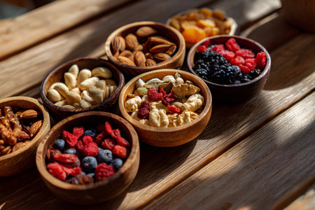 Variety of nuts and dried fruits presented in small wooden bowls on a wooden table. The scene is well-lit, highlighting colorful contrasts and textures of the snacks.の素材