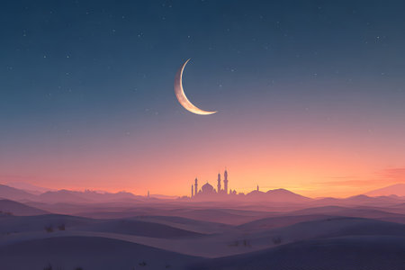 A beautiful crescent moon illuminates the calm desert sands as twilight descends. A mosque stands silhouetted against the glowing sky, creating a tranquil scene.の素材
