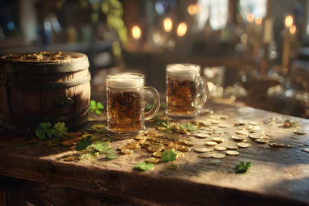 Two chilled mugs of golden beer rest on an aged wooden table. Surrounding the mugs are shimmering coins and soft candlelight, creating a warm atmosphere perfect for any gathering.の素材