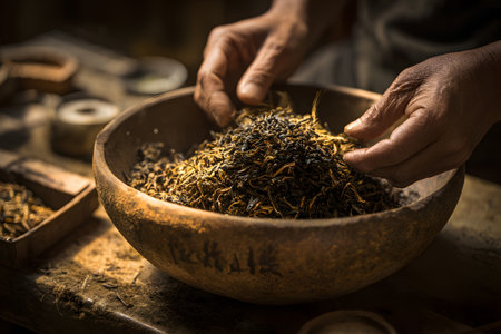 In a warm light, two hands blend a variety of dried herbs in a rustic bowl. This traditional activity highlights the art of herbal preparation, showcasing skill and care.の素材