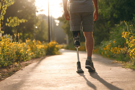 A man uses a prosthetic leg while walking along a quiet path in the forest as the sun sets, casting warm golden light and long shadows across the ground.の素材