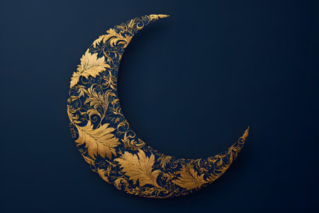 A crescent moon design features intricate golden floral patterns on a deep blue background. The artwork captures elegance and tranquility, creating a calming atmosphere.の素材