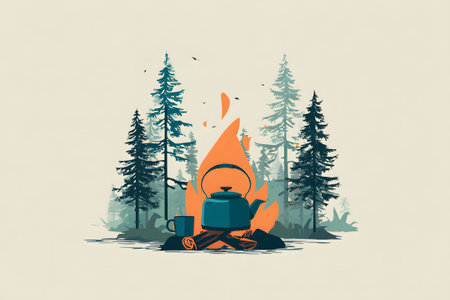 A kettle is placed over a warm fire surrounded by logs in a tranquil forest. Tall trees frame the scene, creating a peaceful atmosphere at dusk.の素材