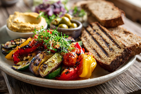 Colorful grilled vegetables like peppers and zucchini are arranged with hummus and fresh bread on a wooden table. Olive oil drizzles enhance the flavors in this vibrant meal.の素材