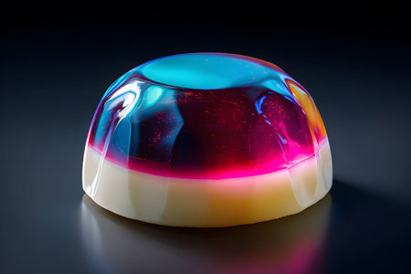 A colorful jello mold in shades of pink and blue is placed on a black surface, creating a striking contrast. The smooth texture and vivid colors make it an eye-catching kitchen item.の素材