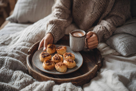 A person enjoys a cozy morning in bed, holding a warm cup of coffee. A tray holds delicious pastries, creating a relaxing atmosphere. Soft blankets and pillows surround the scene.の素材