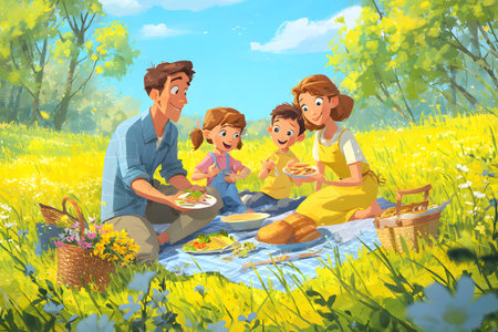 A cheerful family gathers for a picnic in a vibrant meadow on a sunny day, sharing homemade meals and smiling with joy. Children play and parents relax on a blanket amidst nature.の素材