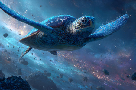 A turtle glides effortlessly in the vastness of outer space. Asteroids float nearby, and cosmic dust creates a beautiful backdrop, enhancing the surreal atmosphere of the scene.の素材
