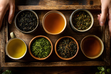 A person holds a wooden tray with six small bowls of different teas and tea leaves in a warm and inviting tea shop. Each tea showcases unique colors and flavors.の素材