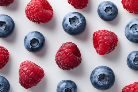 Bright red raspberries and deep blue blueberries are beautifully scattered on a plain white surface, showing their fresh and juicy appeal. Perfect for a healthy treat.の素材