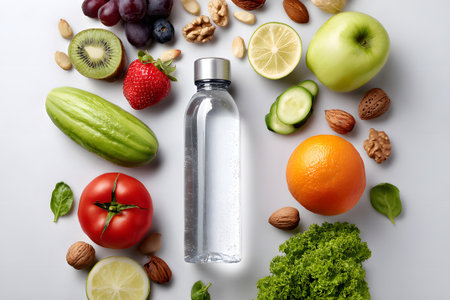 Colorful fruits and vegetables are lined up with a bottle of water on a white background. This setup highlights healthy eating choices including avocados, oranges, and cucumbers.の素材