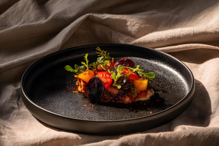 A gourmet dish is beautifully arranged on a black plate. Juicy meat is accompanied by vibrant vegetables, herbs, and colorful garnishes. The presentation showcases culinary artistry.の素材