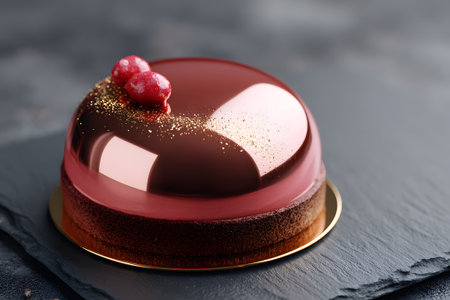 A beautifully crafted pastry rests on a dark slate plate. Its glossy pink glaze sparkles with golden accents, highlighting the skill of the baker. Perfect for dessert lovers.の素材