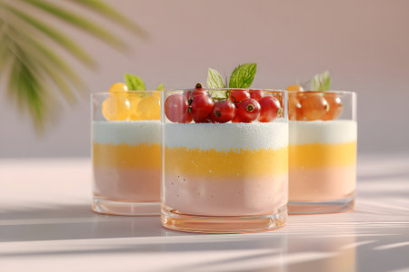 Delicious mini dessert cups filled with various layers of flavors and garnished with fruits are displayed on a bright table in a cozy cafe. The natural light enhances their colorful presentation.の素材