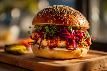 A grilled chicken sandwich features vibrant toppings like purple cabbage and fresh greens, served on a rustic wooden board in a bright outdoor environment.の素材