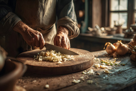 Hands chop carrots, onions, and herbs on a rustic cutting board. A warm, natural light shines through windows, illuminating the kitchen filled with fresh produce.の素材