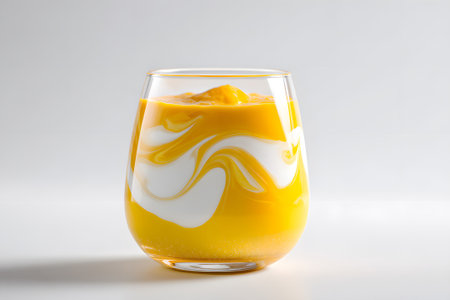 A glass filled with a creamy mango smoothie sits next to a whole mango and green leaves on a soft, light background. The drink features a swirl of yellow and white, highlighting freshness.の素材
