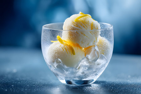 A refreshing dessert features two scoops of lemon sorbet served in a glass. Chilled surroundings enhance the fruity, icy treat, perfect for warm weather.の素材