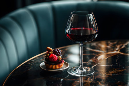 A glass of red wine sits next to a chocolate dessert topped with fresh raspberries on a dark marble table. The low light creates a cozy atmosphere, perfect for a refined evening.の素材