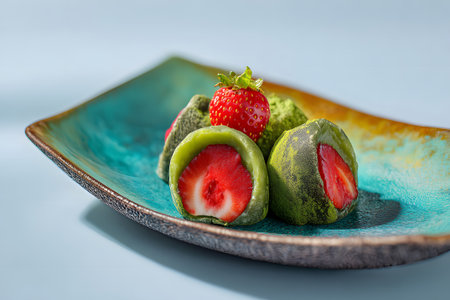 A vibrant green dome-shaped cake sits on a pink plate, showing fresh strawberries on top. A sliced portion reveals a soft, pink interior, reflecting bright sunlight.の素材