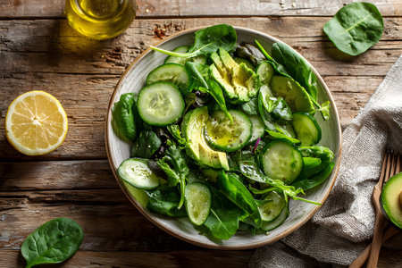 Colorful spinach salad featuring sliced cucumbers and fresh avocado on a rustic wooden table. Perfect for a healthy and light lunch option enjoyed during the day.の素材