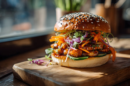 A grilled chicken sandwich features vibrant toppings like purple cabbage and fresh greens, served on a rustic wooden board in a bright outdoor environment.の素材