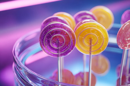 Vibrant fruit popsicles sit on a glass plate, showing hues of purple, yellow, and pink. The setup features a bright pastel background, creating a cheerful atmosphere.の素材