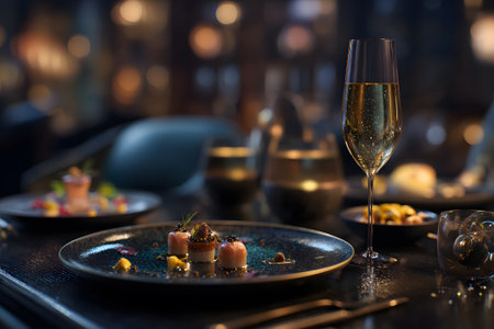 A luxurious dining features experience beautifully plated gourmet dishes alongside a sparkling drink. The setting highlights a refined atmosphere with warm lighting.の素材