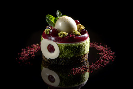 A vibrant dessert featuring a glossy red layer, topped with strawberries, raspberries, and blackberries, elegantly presented on a sleek black plate in a restaurant setting.の素材