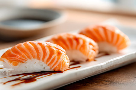Three pieces of fresh salmon sushi are neatly arranged on a white plate. They rest on a wooden table, with a small dish of sauce nearby, creating an inviting dining experience.の素材
