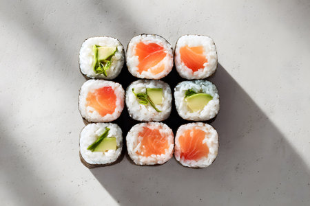 A variety of sushi rolls are artistically arranged on a clean white surface. Different types of fish and vegetables are visible, showcasing an inviting selection perfect for a meal.の素材