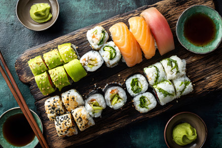 Various types of sushi rolls are neatly arranged on a wooden board, accompanied by soy sauce, wasabi, and pickled ginger. The scene captures a vibrant and appetizing sushi spread.の素材