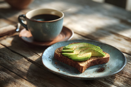 Fresh avocado slices are served on whole grain toast with olive oil drizzle, next to a steaming cup of coffee. A perfect breakfast setting with warm lighting.の素材