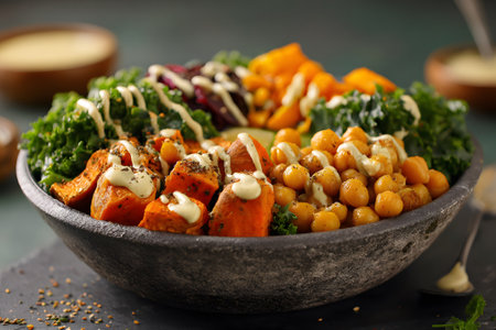 A vibrant bowl filled with roasted butternut squash, chickpeas, kale, and beets topped with creamy tahini dressing sits on a wooden table. Healthy and delicious meal choice.の素材