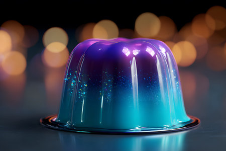 A vibrant gelatin dessert sits on a plate, showing a blend of purple and blue colors. Soft lights create a bokeh effect, adding to its appealing, glossy appearance.の素材