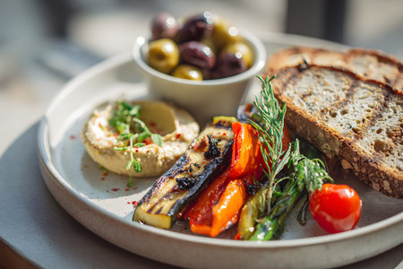 Colorful grilled vegetables like peppers and zucchini are arranged with hummus and fresh bread on a wooden table. Olive oil drizzles enhance the flavors in this vibrant meal.の素材
