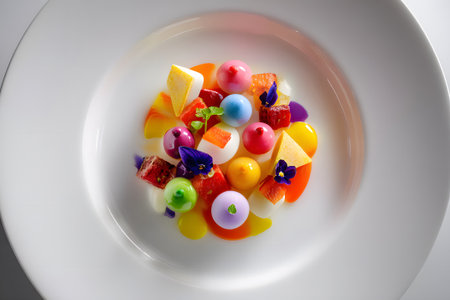 Vibrant dessert artfully arranged on a white plate features fruit jellies, gelato, and colorful garnishes, showing a variety of textures and flavors.の素材