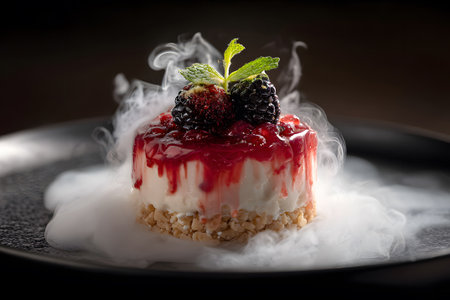 A creative dessert featuring a base of cheesecake topped with an assortment of fresh berries and mint. The dish emits a smoky effect, enhancing its visual appeal.の素材
